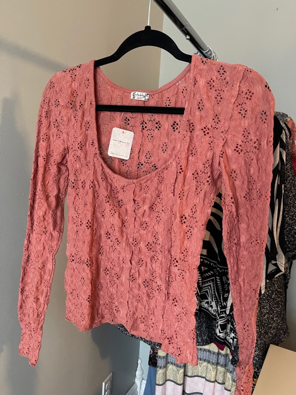 Free People Rust Lace Scoop-Neck Long Sleeve Top